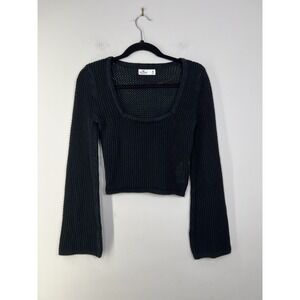Hollister Black Cropped Knit Top M Y2K Bell Sleeve Scoop Neck Cotton